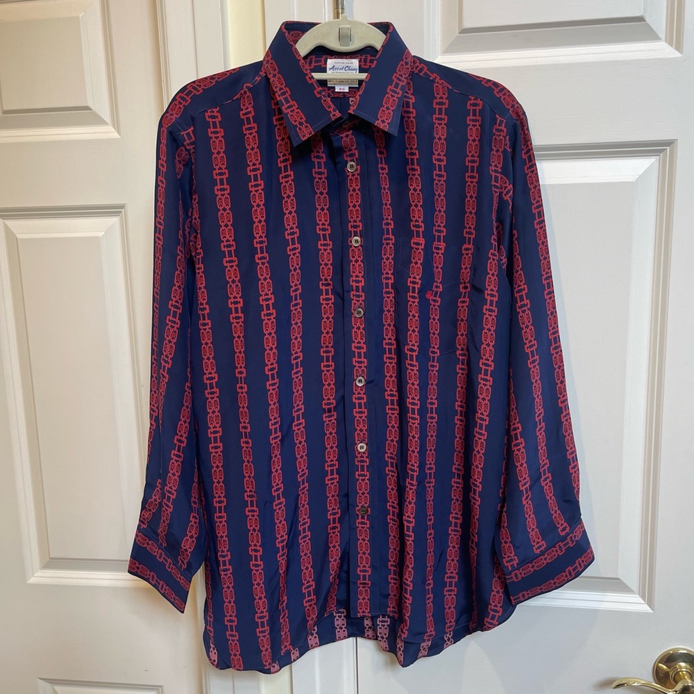 Ascot Chang Men’s Silk Navy Custom-Made Vintage Button Down Shirt  W/ Red Chains